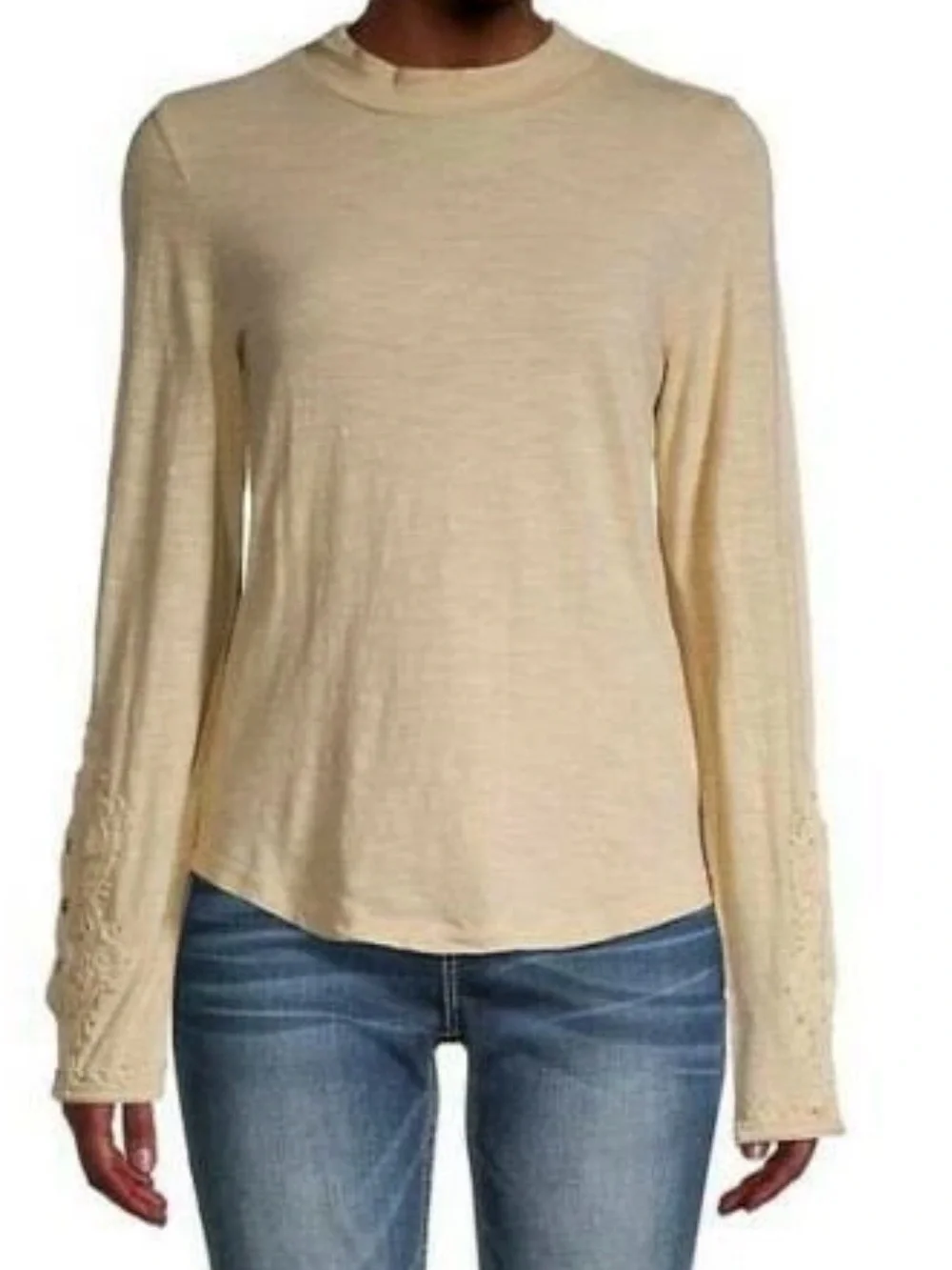 Free People We The Free Hooked On You Embroidered Cuff Top Size Large Wheat